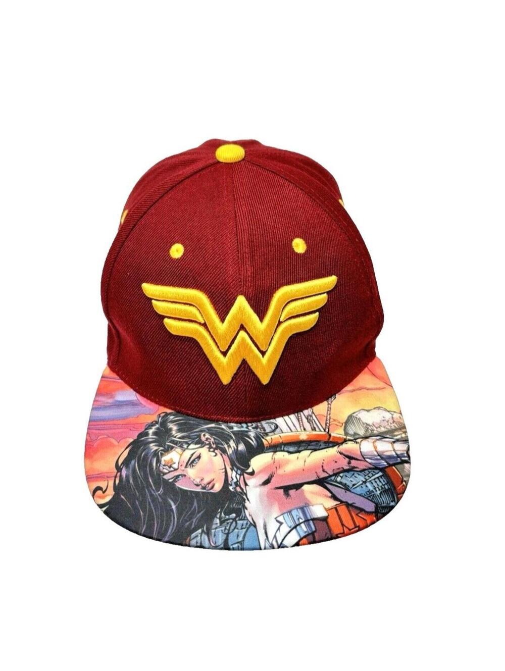 Wonder Woman Hat Red Marvel Snapback Cap by Six Flags GUC With Comic Book Design